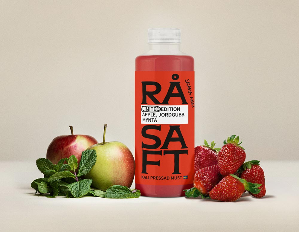 Äpple, Jordgubb, mynta - rasaft.se/vara-juicer/sasongsjuicer